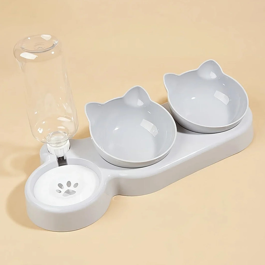 Pet Bowls With Water Feeder, 3 In 1 Ear Design Tilted Cat Water And Food Bowl Set With Gravity Water Bottle